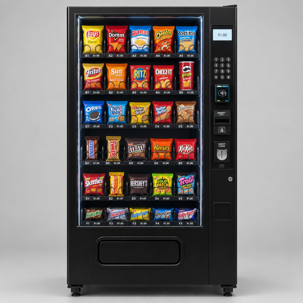 Seaga INF5S black glass-front snack vending machine, front view