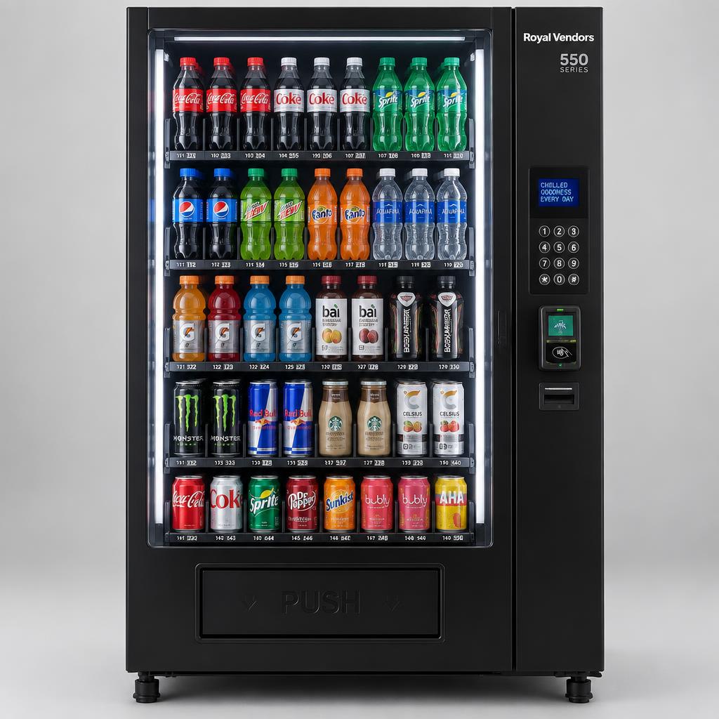 Royal Vendors 550 series glass-front beverage vending machine, front view